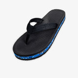 Indosole Men's Riversole flip flop in black with blue recycled shore sole — three-quarter view