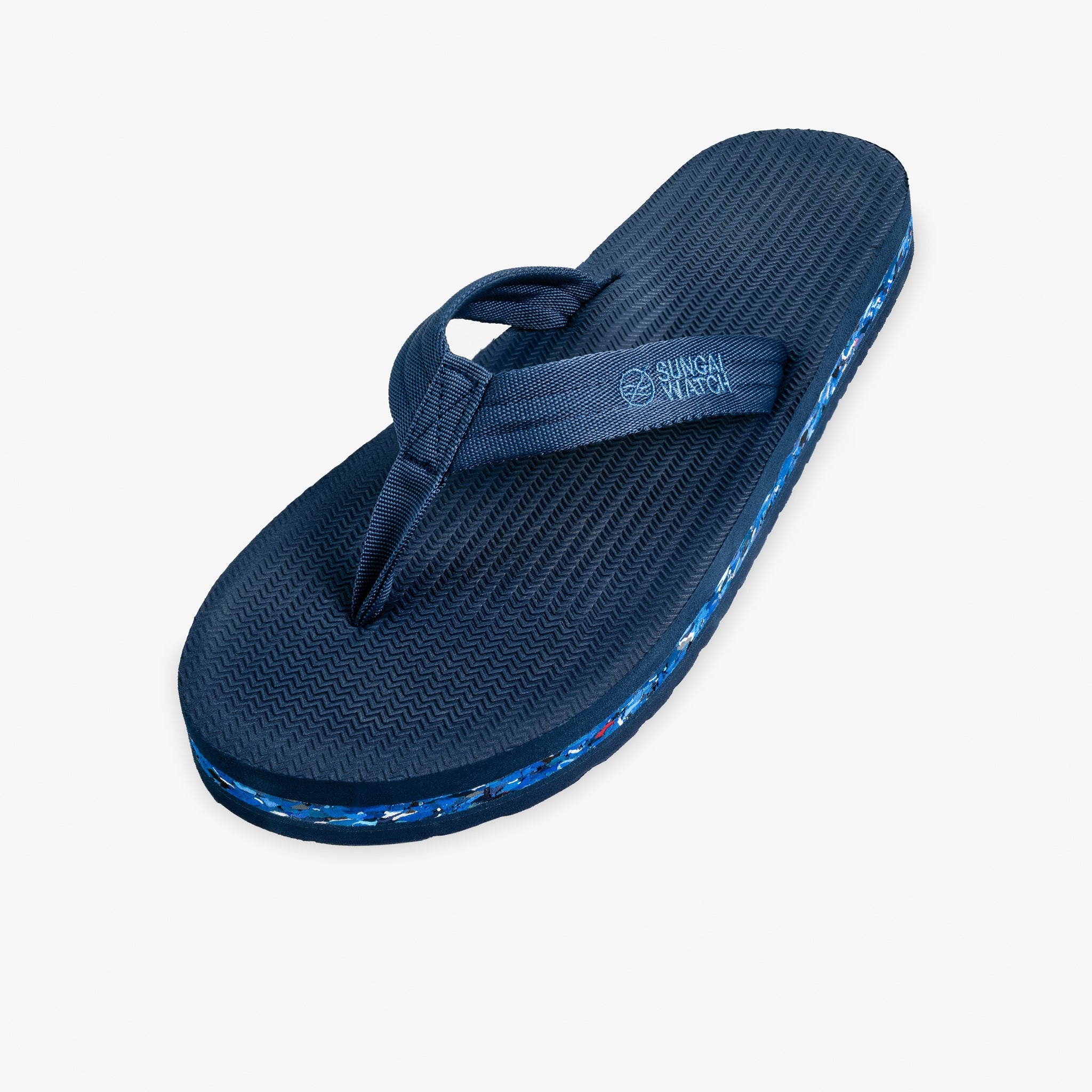 Indosole Men's Riversole flip flop in shore blue with recycled speckled midsole — three-quarter view