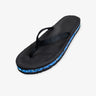 Indosole Women's Riversole flip flop in black with blue recycled shore sole — three-quarter view